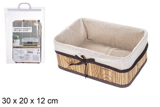 Cesta bambú plegable natural rectangular forrada con lazo 30x20x12cm