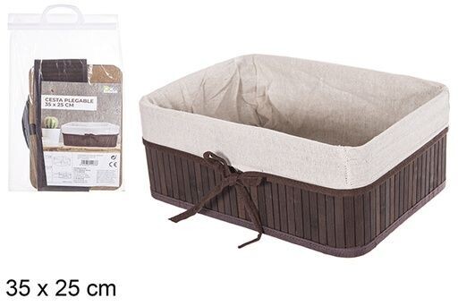 Cesta bambú plegable rectangular forrada caoba 35x25x14cm