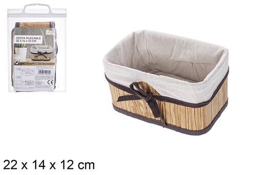 Cesta bambú plegable natural rectangular forrada con lazo 22x14x12cm