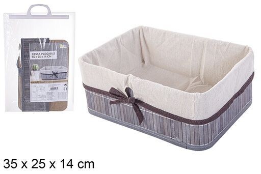 Cesta bambú plegable gris rectangular forrada con lazo 35x25x14cm