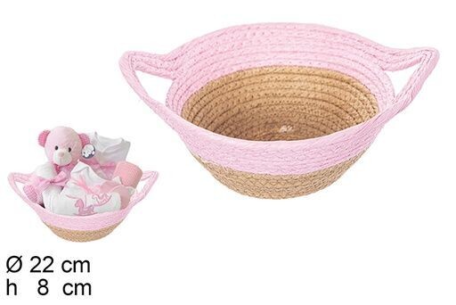 Cesta cuerda papel natural/rosa con asas 22x8cm