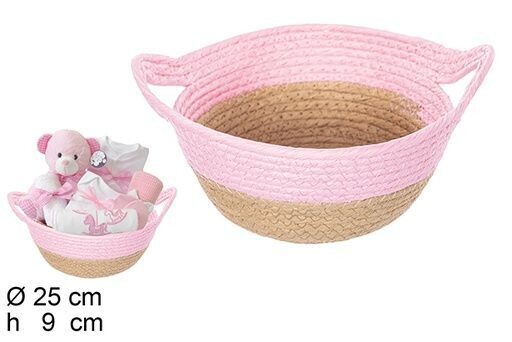 Cesta cuerda papel  natural/rosa con asas 25x9cm