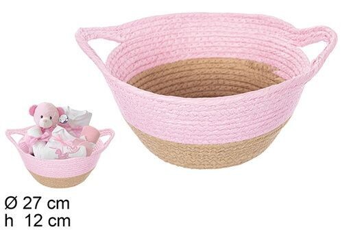 Cesta cuerda papel natural/rosa con asas 27x12cm