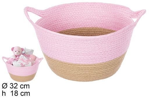 Cesta cuerda papel natural/rosa con asas 32x18cm