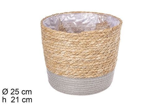 Macetero redondo seagrass y papel natural/gris forrado plástico 25x21cm