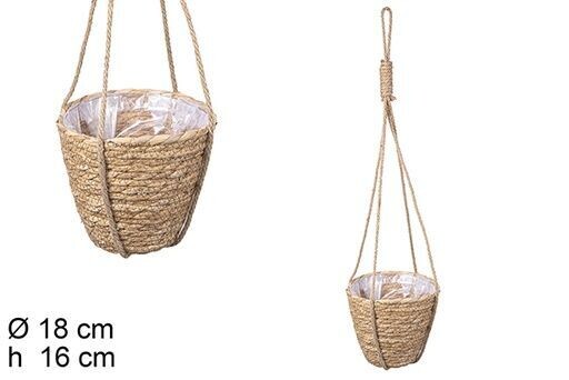 Jardinera colgante redonda seagrass natural forrada plástico 18x16cm