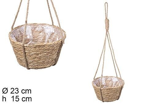 Jardinera colgante redonda seagrass forrada plástico 23x15cm