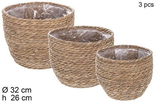 Set/3 cestas seagrass abombadas forradas plástico color natural