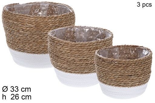 Set/3 cestas abombadas seagrass y papel natural/gris forrado plástico