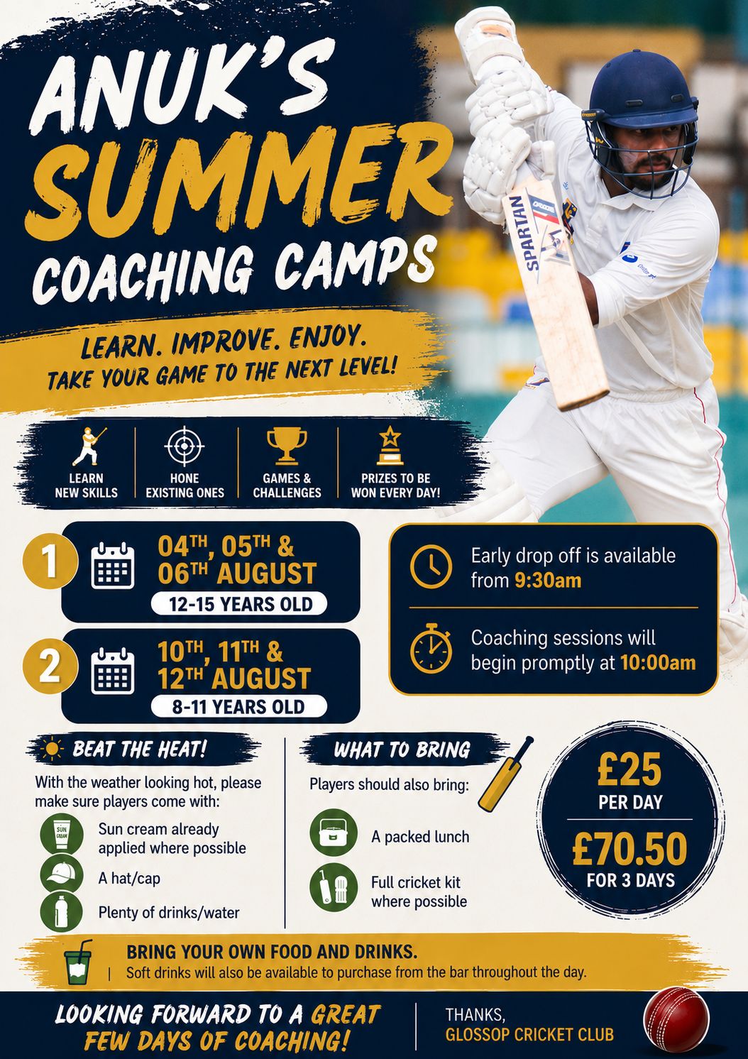 Glossop CC- Anuk's Summer Cricket Camp - 10-3pm - 25th to 27th Aug
