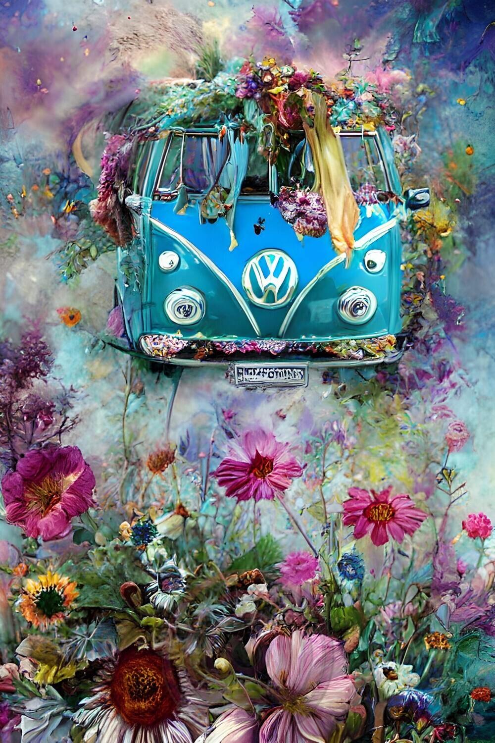 VW Bulli mit Blumen