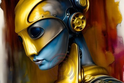 Steampunk Art Frau Robot Gold Blau