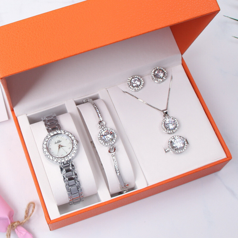 5pcs Jewelry Set Women Necklace Earring Fashion Silver Rhinestone Watch Bracelet