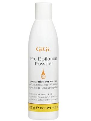GiGi Pre Epilation Powder 4.5oz this gentle, fragrance-free powder absorbs excess moisture and oil, creating the perfect surface for wax to grip hair