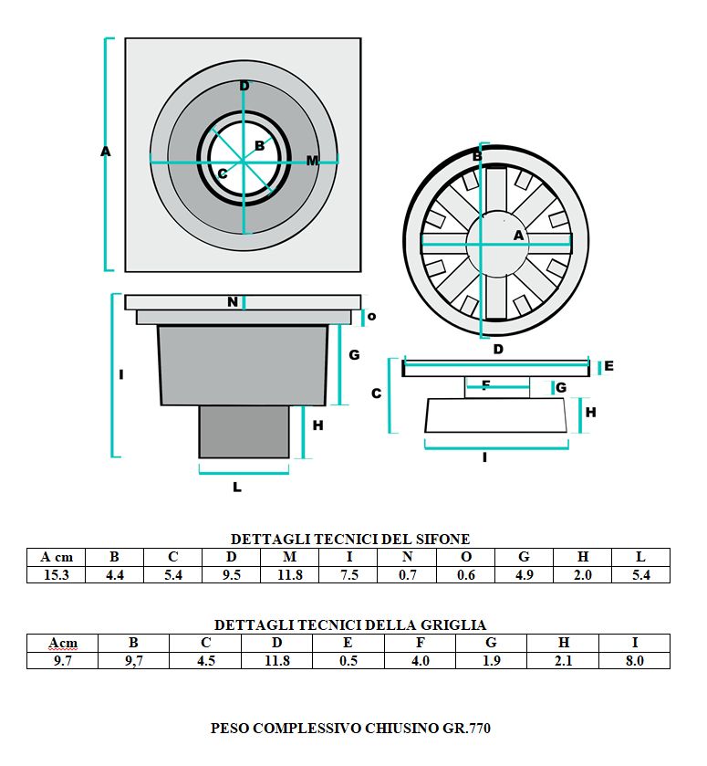 CHIUSINO SIFONATO ALLUMINIO INODORE CM 15X15XH8 SCARICO 50MM