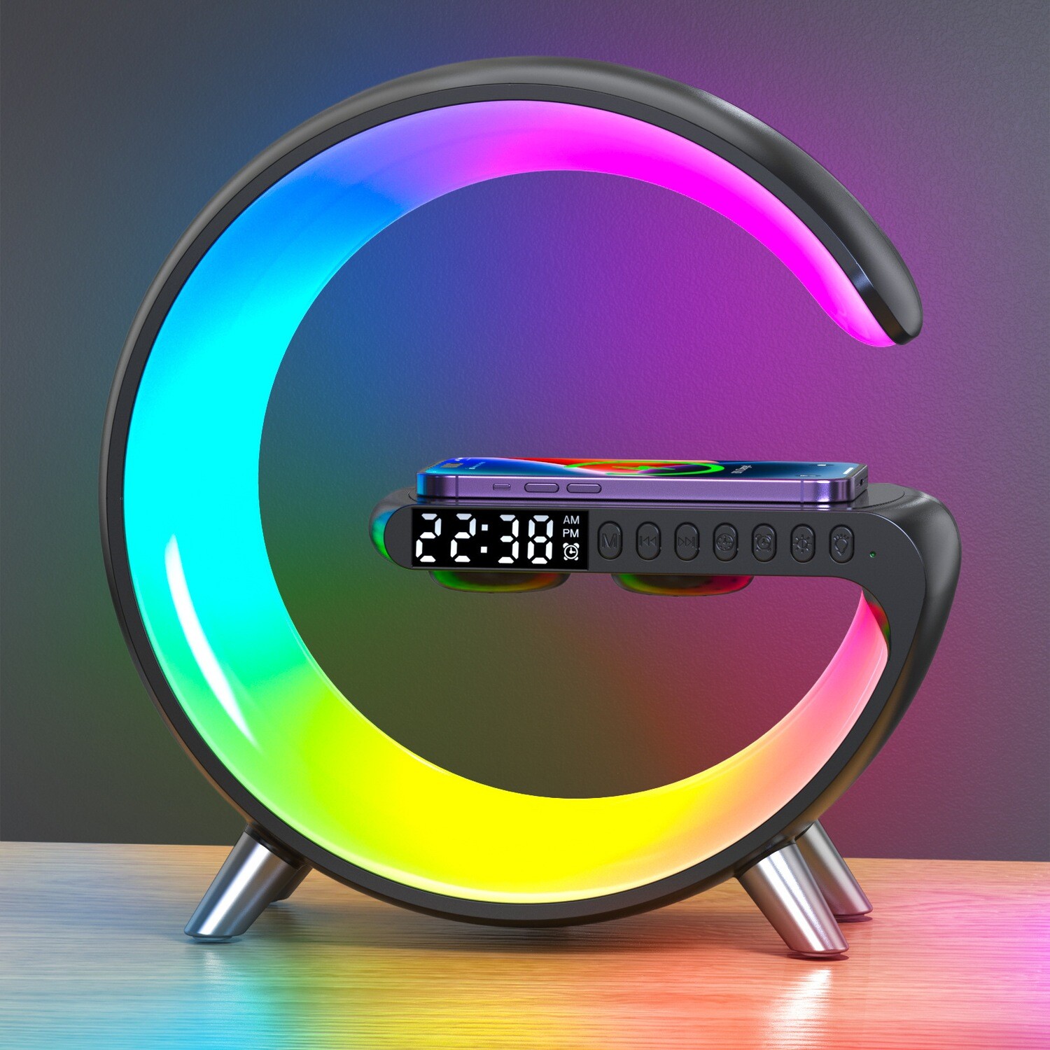 New Wireless Charger Atmosphere Light Bluetooth Speaker Clock Alarm Clock Button And APP Control