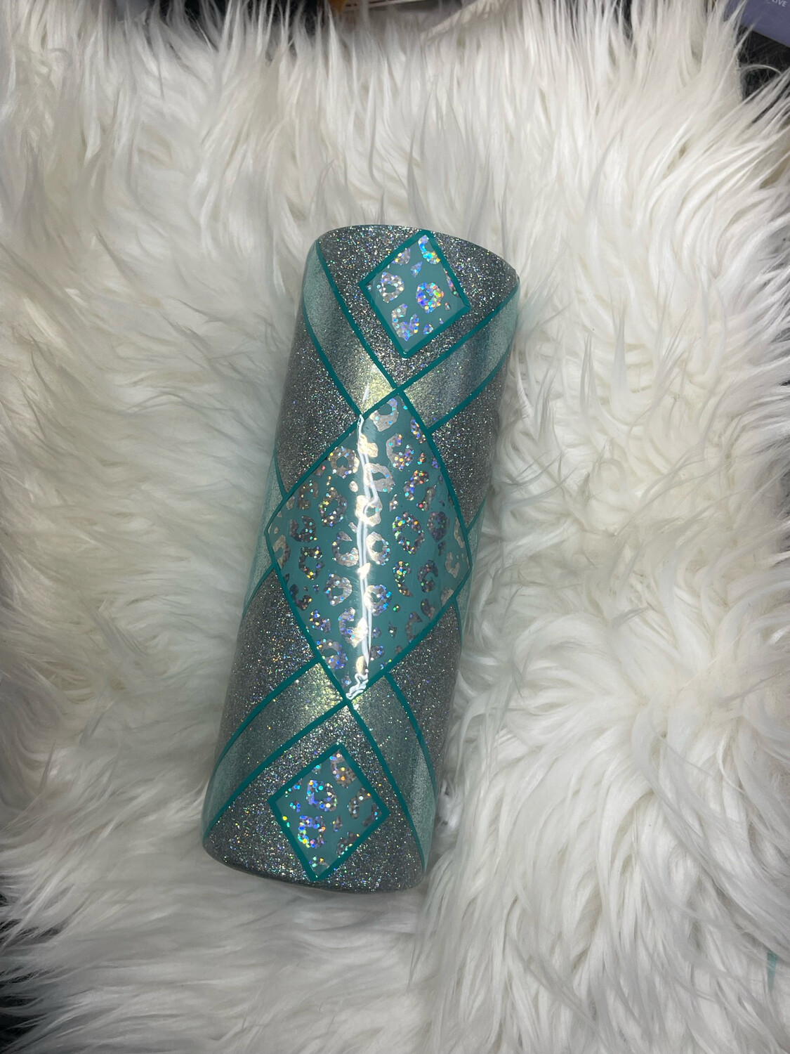 20 Ounce Skinny Teal Holographic Leopard Print diamond crazy Design