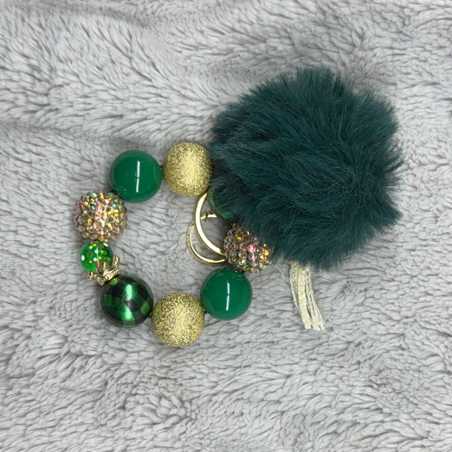 Christmas Themed Green And Gold Wristlet With Pom-Pom