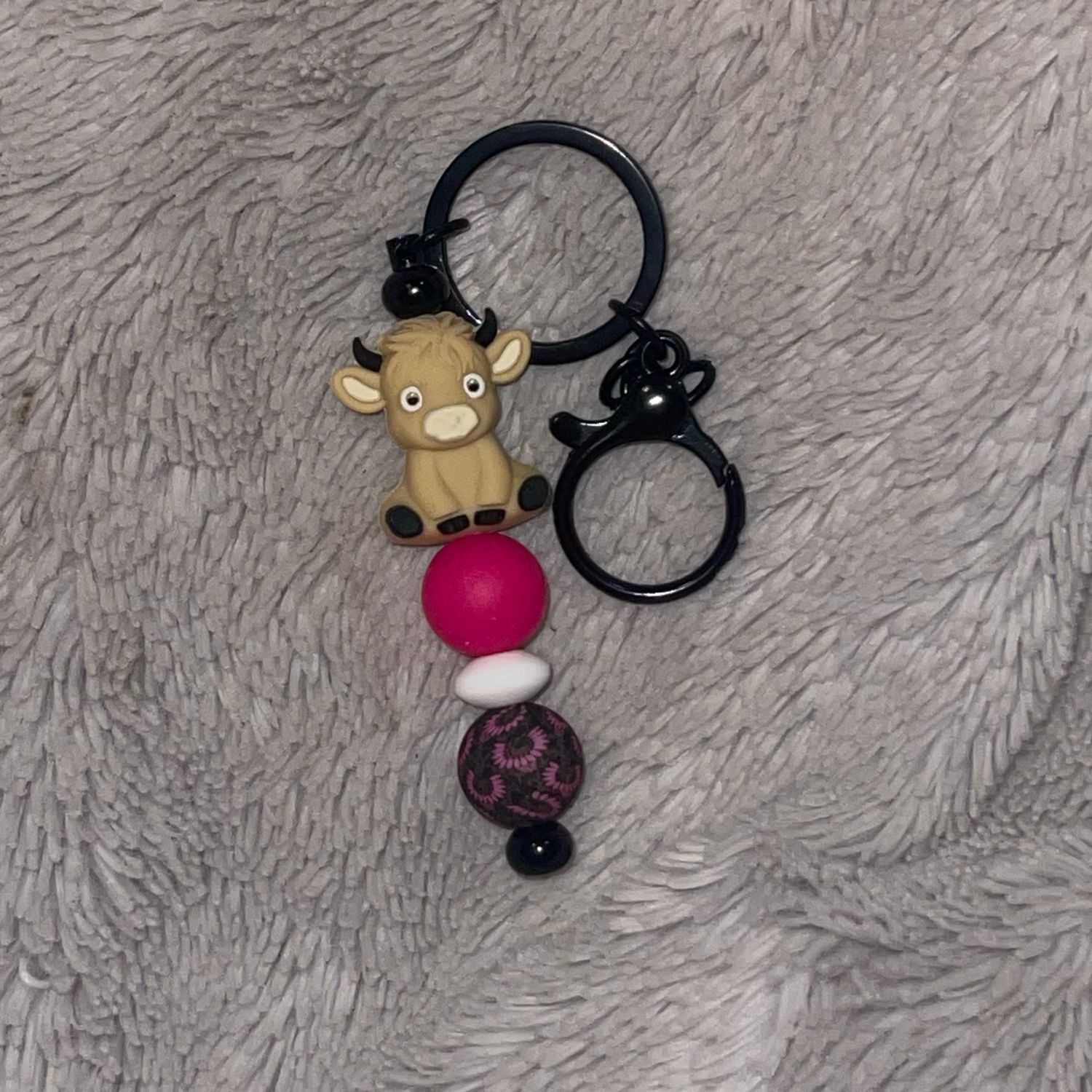 Cow Focal With Pink And Pink Squash Blossom Silicone Bead.