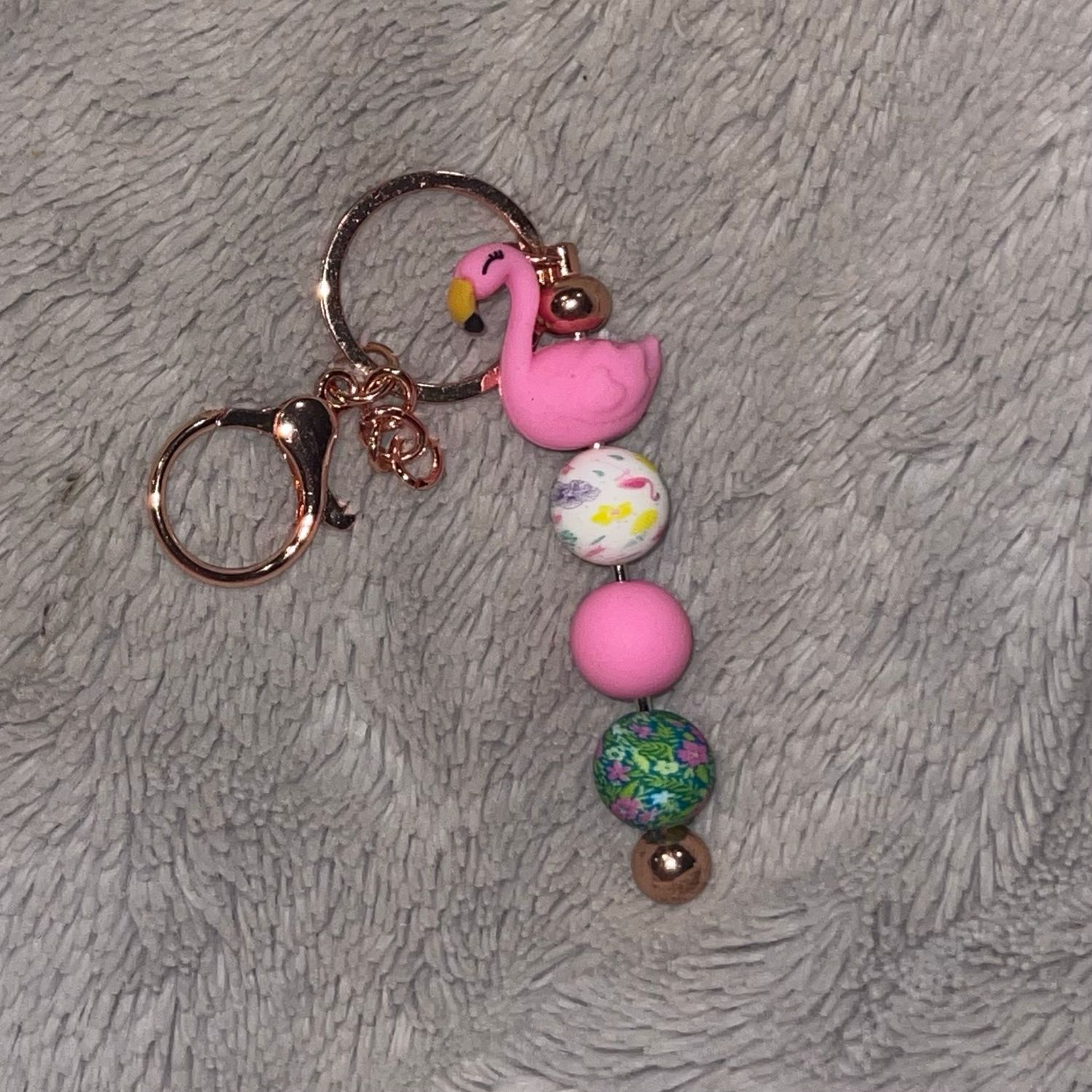 Pink Flamingo, Pink, Flamingo, And Flowered Bar Beaded Keychain