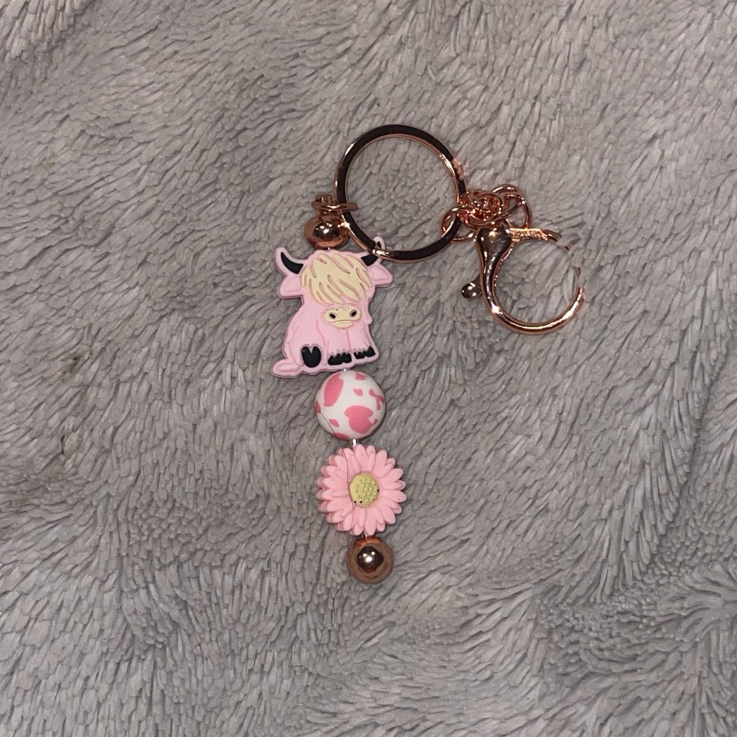 Pink Highland Cow With Cow, Print Bead, And Pink Sunflower On Beaded Bar Keychain