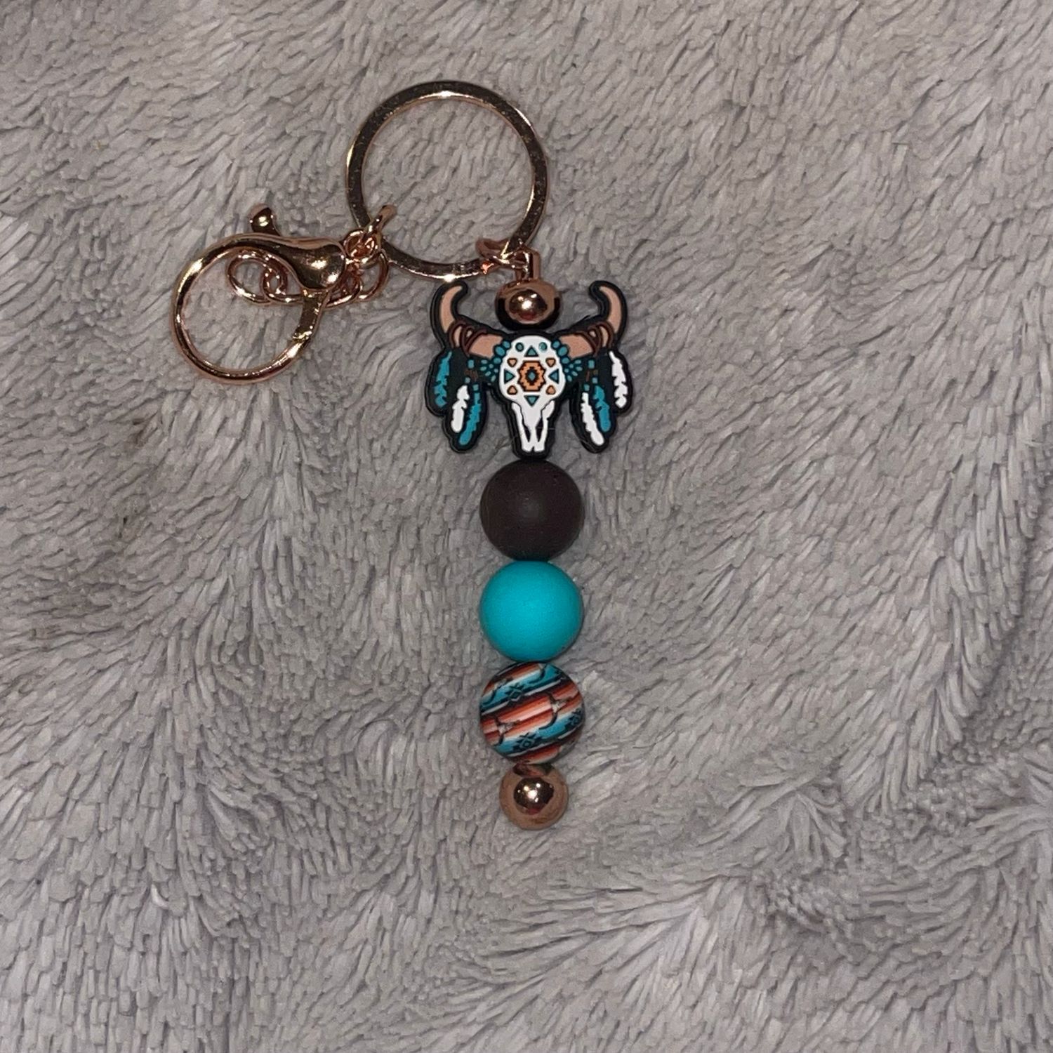 Western Bowl School With Teal Brown And Western Silicone Beads On Beaded Bar Keychain