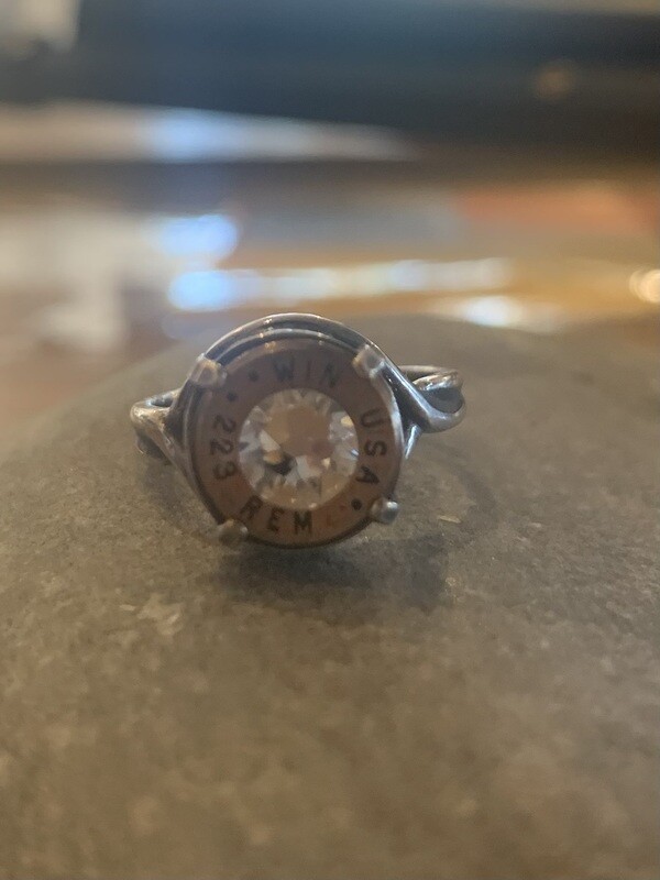 bullet casing ring w/ crystal ~antique silver