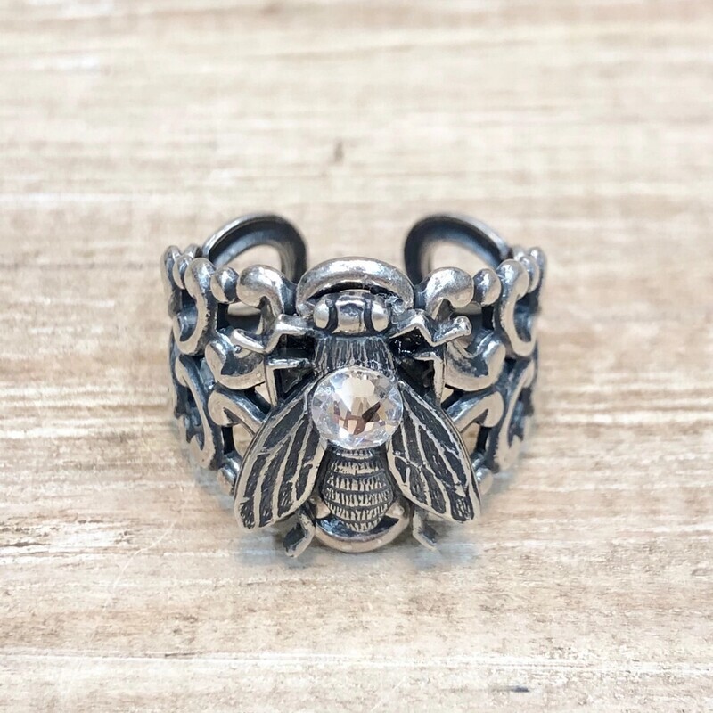 Bee Ring With Crystal Antique Silver