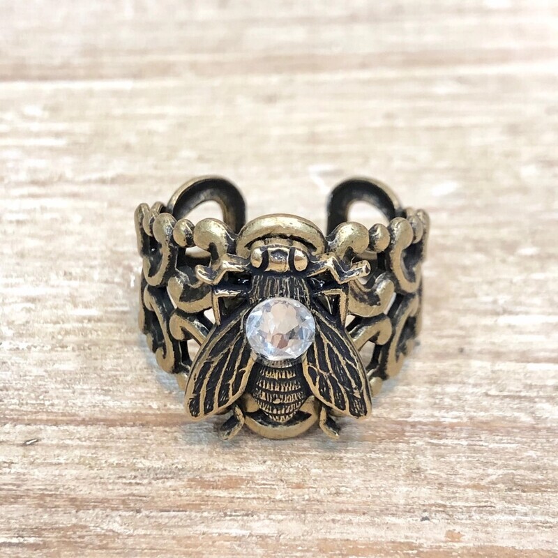 Bee Ring With Crystal Antique Brass