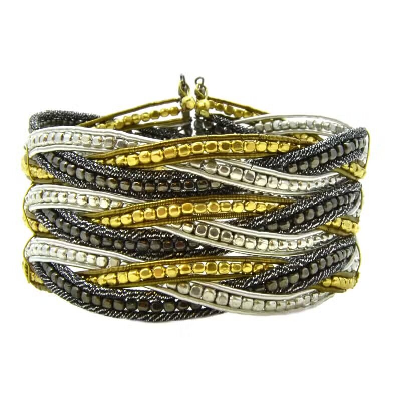 9 Row Braided Nugget Bead &amp; Wire Cuff in Multi metal