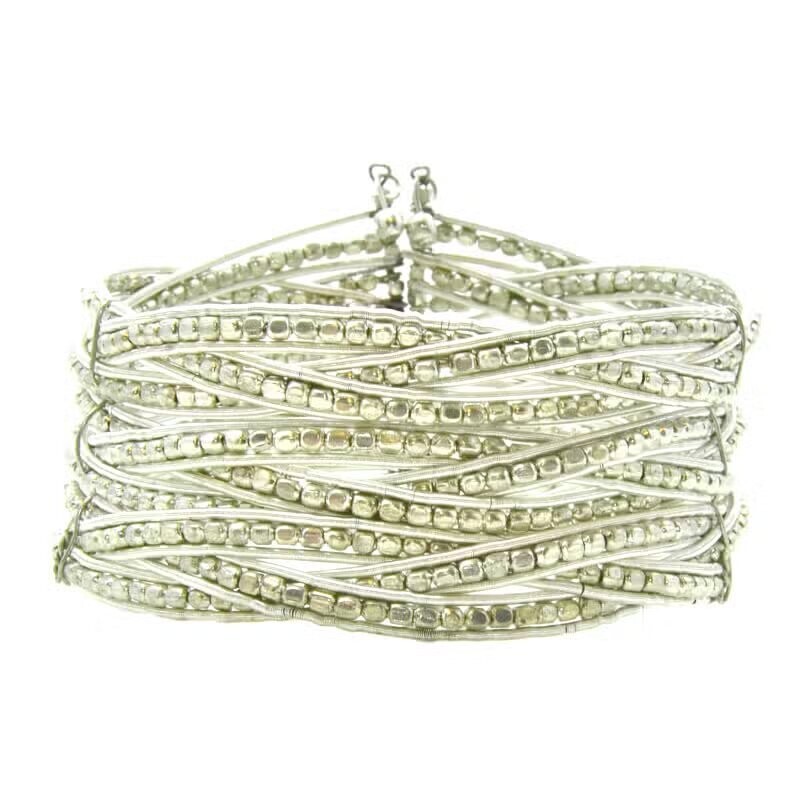 9 Row Braided Nugget Bead &amp; Wire Cuff in Silver.