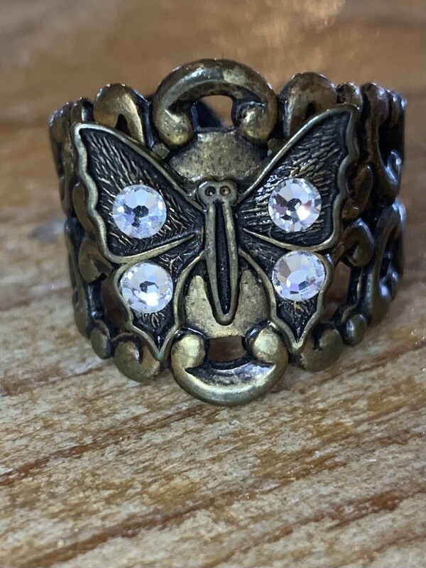Baby butterfly ring w/ crystals ~ antique bronze