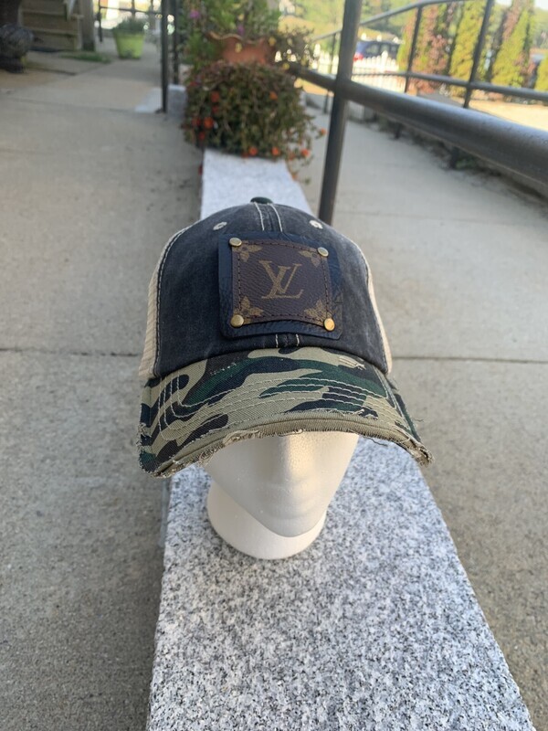 Upcycled Louis Vuitton ~ Total Distressed Camouflage Brim, Black front, Trucker Hat Cream Mesh Back Black/Antique