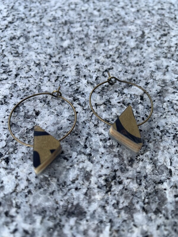 Cirque Ski hoop Earrings ~ antique bronze ~ one side blue/gray one side black and gold