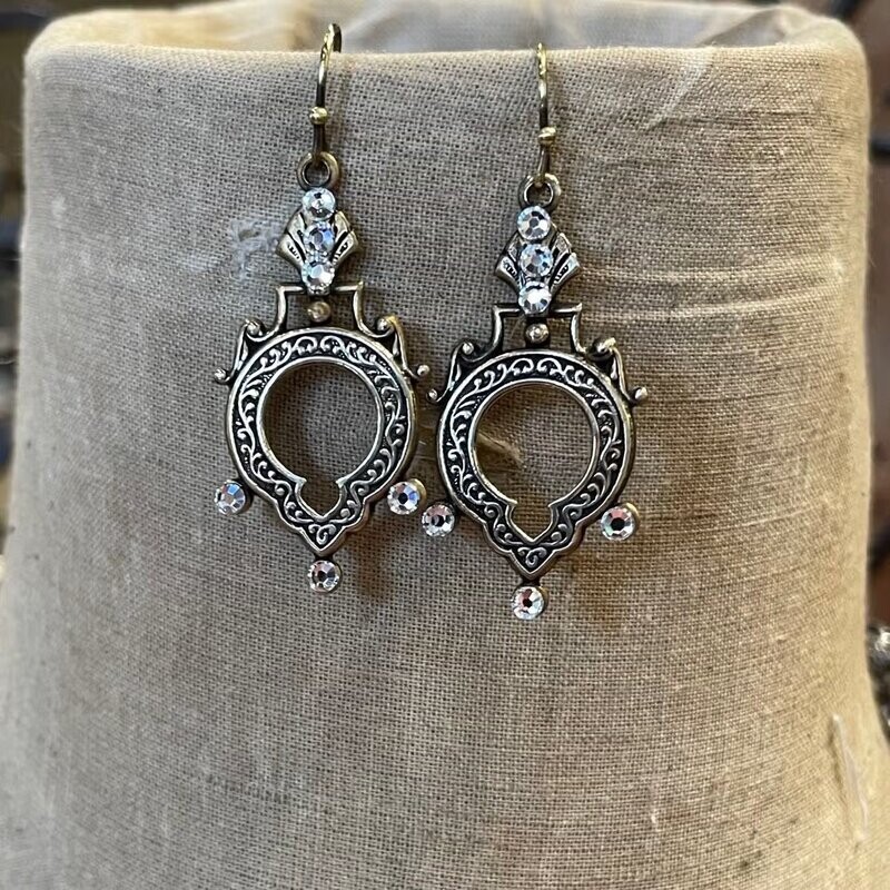 Victorian Keyhole Earring With Crystal Antique Silver