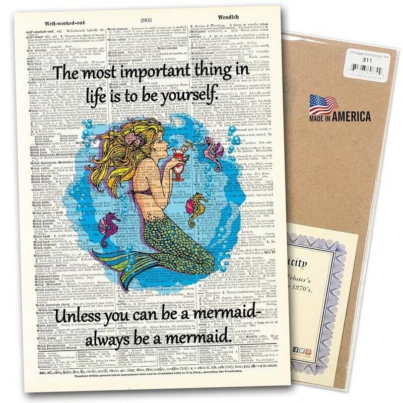 Vintage Dictionary Page Mounted on Wood ~ Be a Mermaid
