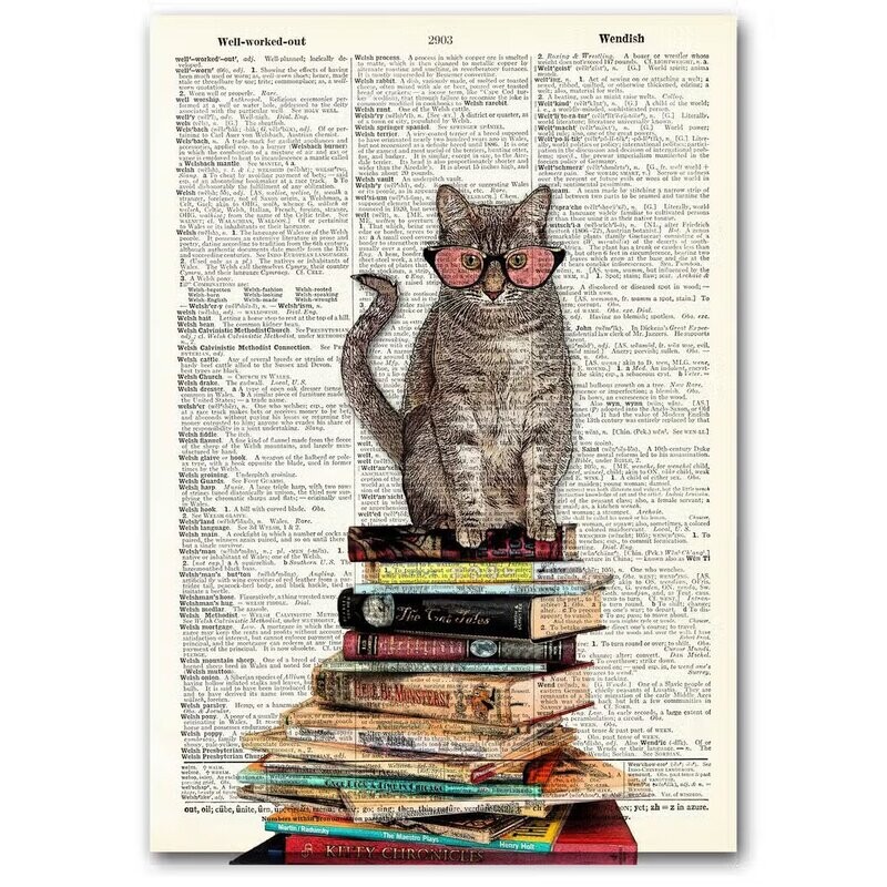 Vintage Dictionary Page Mounted on Wood ~ Cat on Books