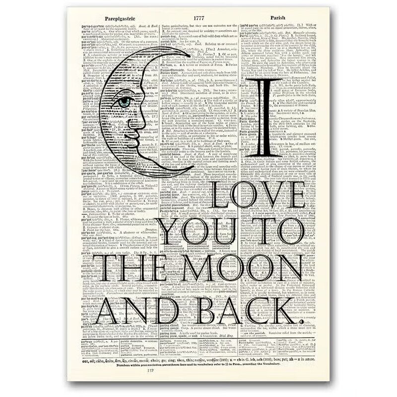 Vintage Dictionary Page Mounted on Wood ~ I love you to the moon
