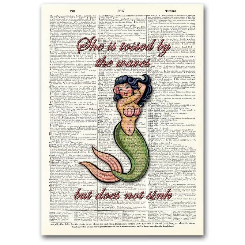 Vintage Dictionary Page Mounted on Wood ~ Mermaid tossed by waves