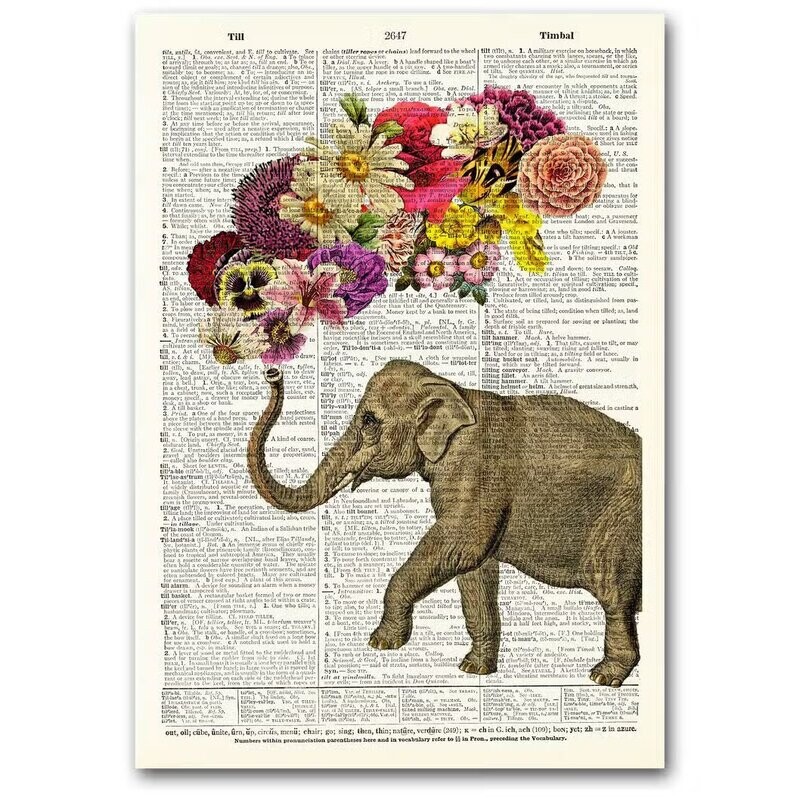 Vintage Dictionary Page Mounted on Wood ~ Elephant Flowers