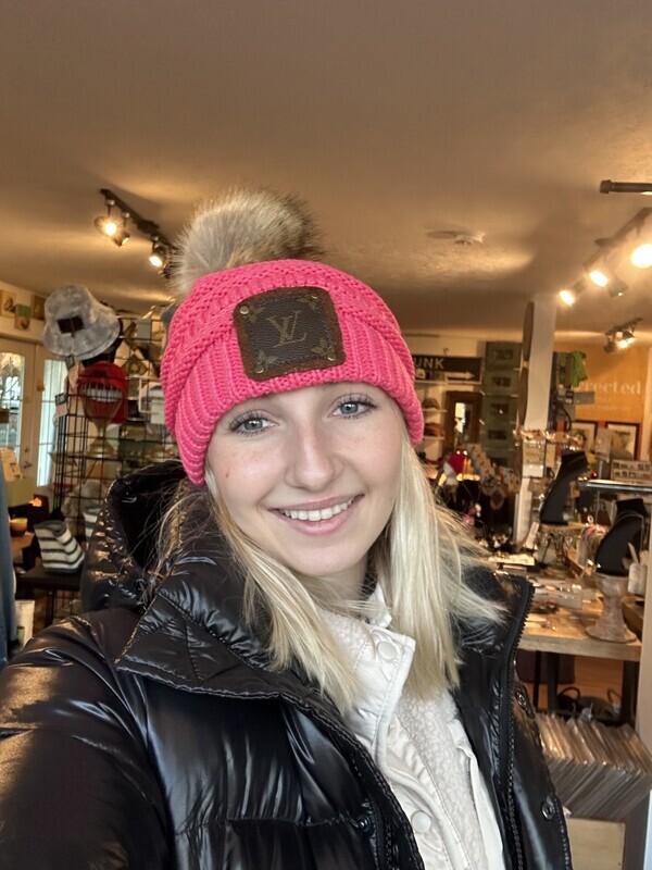 upcycled Louis Vuitton pink beanie