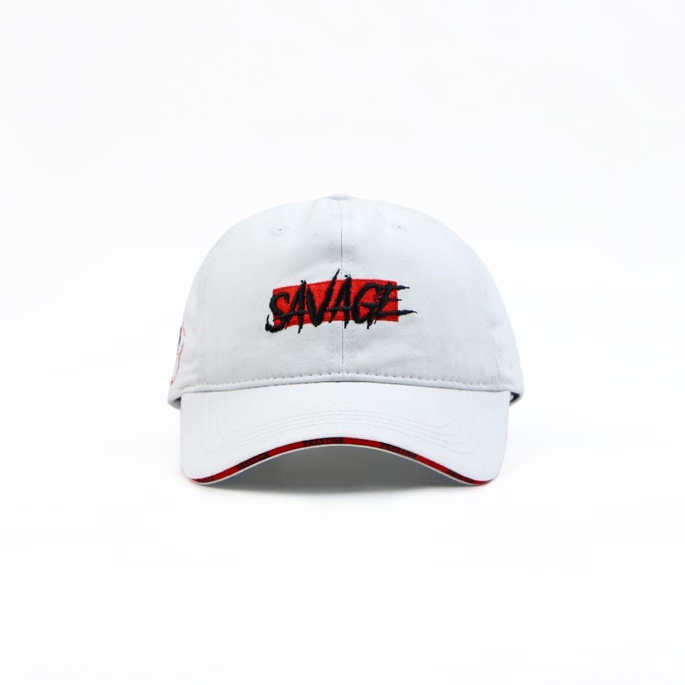 White baseball cap with red and black “Savage” embroidery