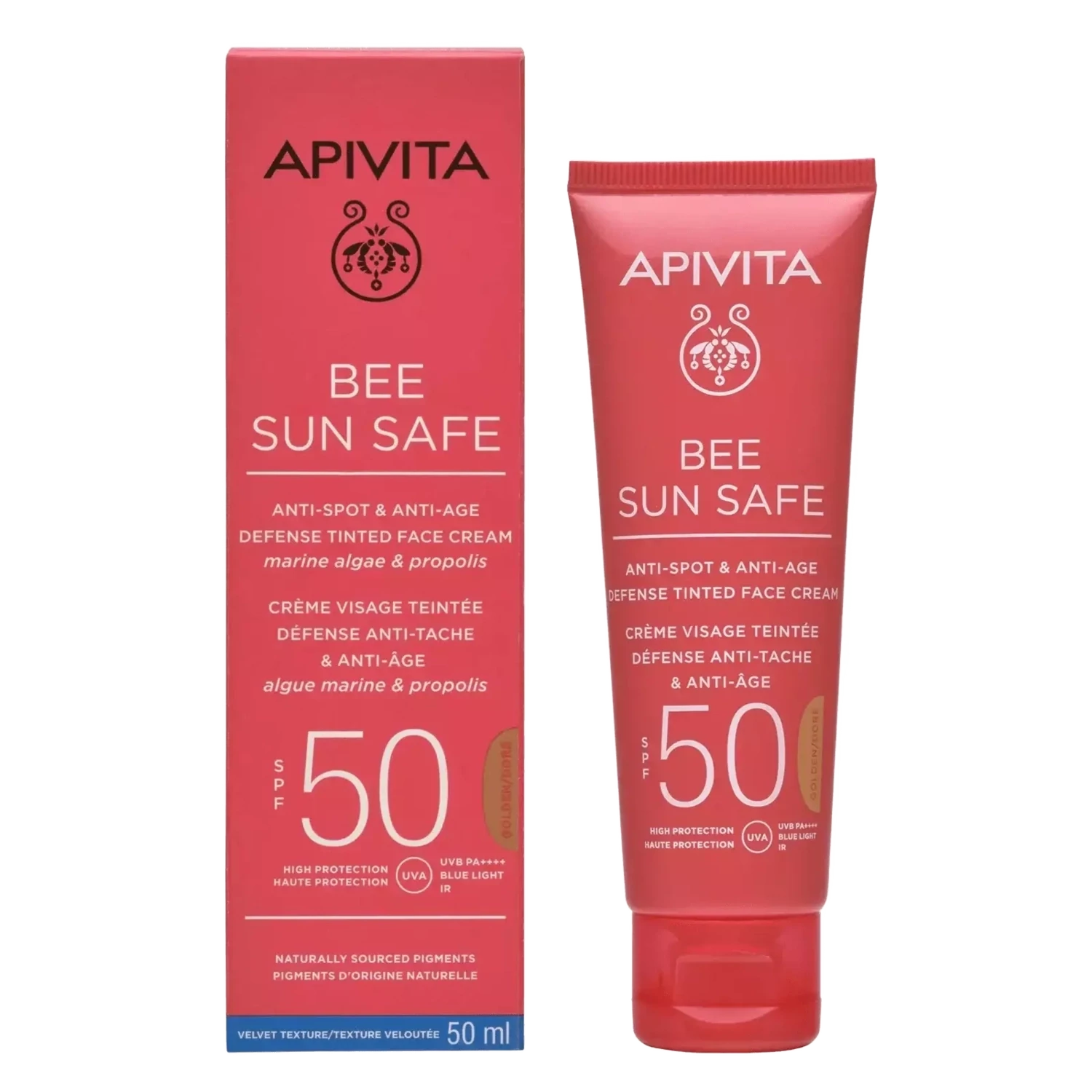 APIVITA Bee Sun Safe golden krema za lice protiv mrlja i starenja SPF50, 50 ml