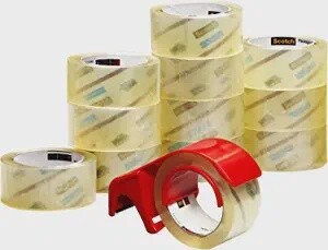 Scotch Commercial Grade Shipping Packaging Tape, 1.88&quot; x 54.6 yd, Designed for Packing, Shipping and Mailing, Guaranteed to Stay Sealed, 3&quot; Core, Clear, 12 Rolls w/Dispenser (3750-12-DP3)