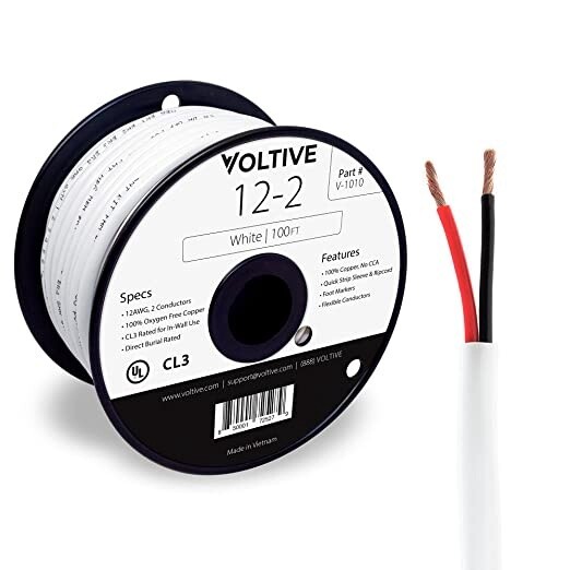 Voltive 12/2 Speaker Wire - 12 AWG/Gauge 2 Conductor - UL Listed in Wall (CL2/CL3) and Outdoor/In Ground (Direct Burial) Rated - Oxygen-Free Copper (OFC) - 100 Foot Spool - Black