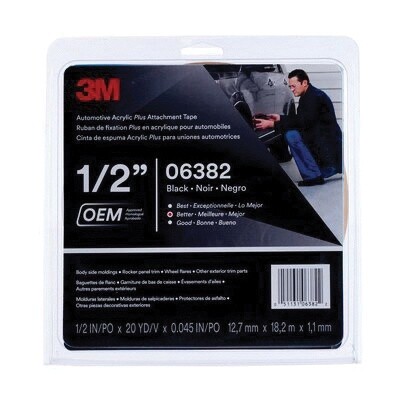 Automotive Attachment Tape, 0.045 In Thick, 1/2 In W, 20 Yd L, Black, Acrylic Adhesive