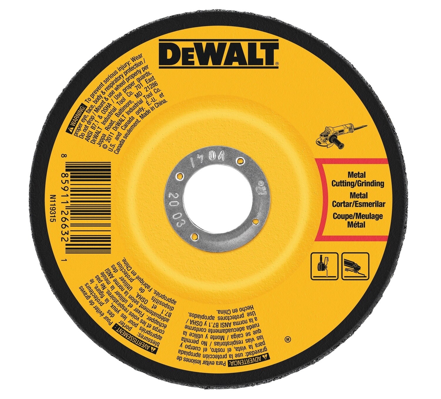 DeWALT® DW4541 Grinding Wheel, 4-1/2 in Dia, 1/4 in Thick, 7/8 in Arbor, A24N Grit, Aluminum Oxide Abrasive