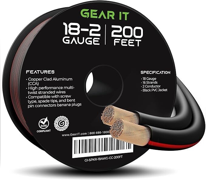 GearIT 18AWG Speaker Wire, Pro Series 18 Gauge Speaker Wire Cable (200 Feet / 60 Meters) Great Use for Home Theater Speakers and Car Speakers, Black