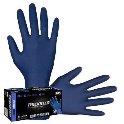 SAS Safety Box of 50 Thickster Powdered Exam Grade Latex Gloves, Ultra Thick and Disp., L