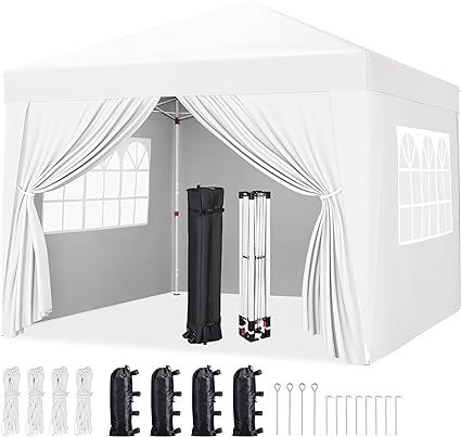 10x10 Pop Up Canopy with 4 Removable Sidewalls, Portable Enclosed Instant Tent, Waterproof Outdoor Tent, Beach Sun Shelter with 4 Sandbags, 12 Stakes &amp; 4 Ropes, White